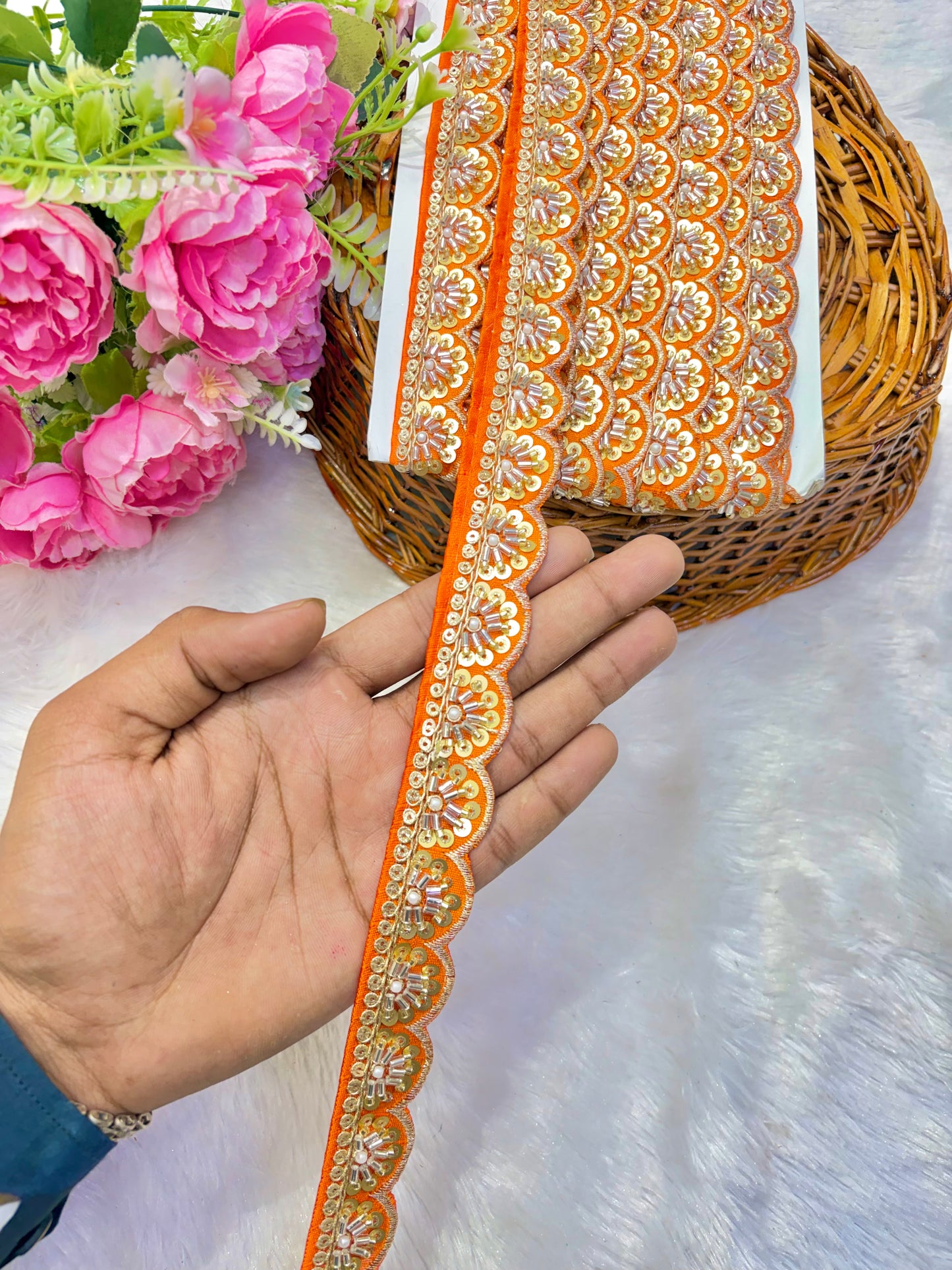 Premium Handmade Maggam Scallop Lace Border | Heavy Embroidered Designer Trim (Pack of 9 meter) cut work lace border