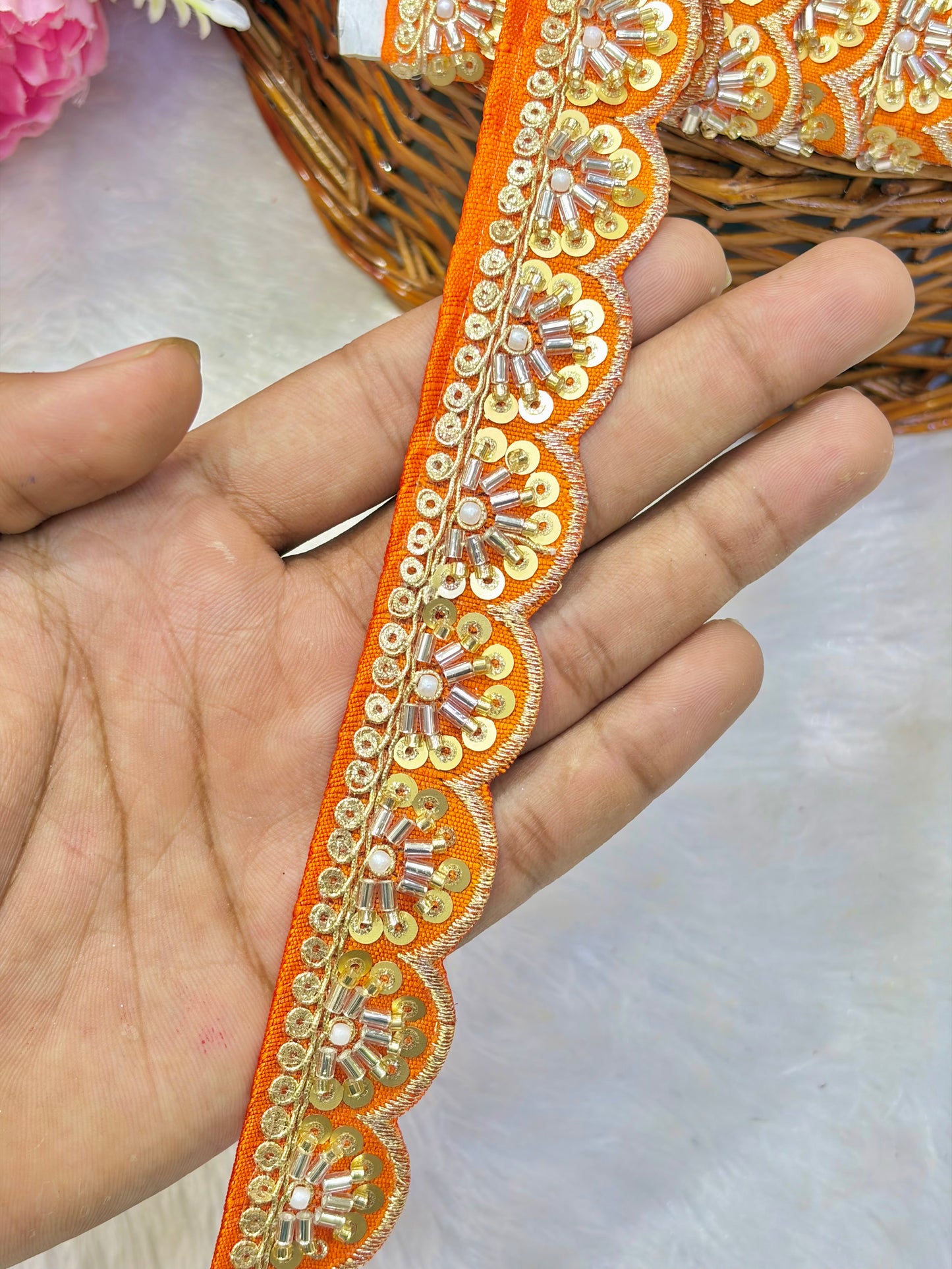 Premium Handmade Maggam Scallop Lace Border | Heavy Embroidered Designer Trim (Pack of 9 meter) cut work lace border