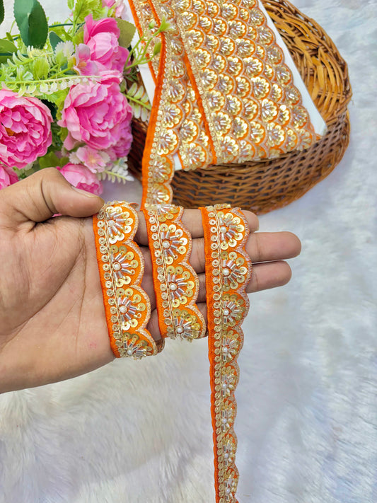 Premium Handmade Maggam Scallop Lace Border | Heavy Embroidered Designer Trim (Pack of 9 meter) cut work lace border