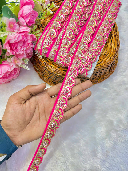 Premium Handmade Maggam Scallop Lace Border | Heavy Embroidered Designer Trim (Pack of 9 meter) cut work lace border(dark pink)