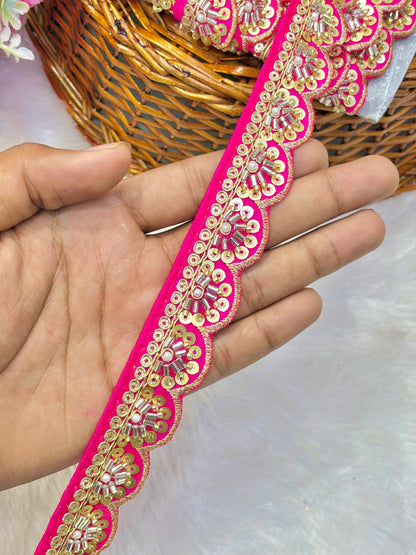 Premium Handmade Maggam Scallop Lace Border | Heavy Embroidered Designer Trim (Pack of 9 meter) cut work lace border(dark pink)