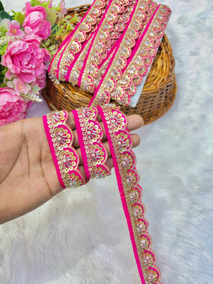 Premium Handmade Maggam Scallop Lace Border | Heavy Embroidered Designer Trim (Pack of 9 meter) cut work lace border(dark pink)
