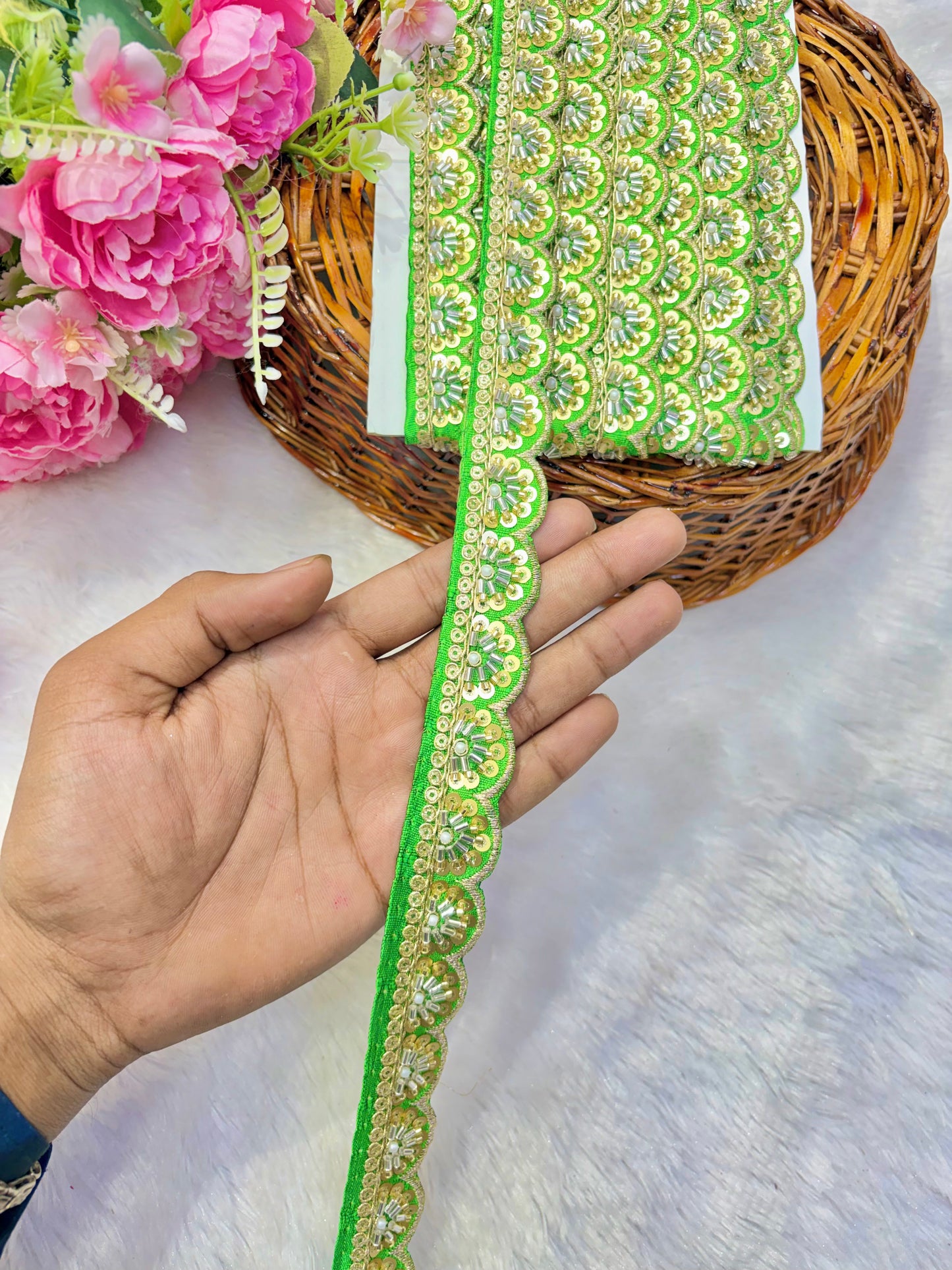 Premium Handmade Maggam Scallop Lace Border | Heavy Embroidered Designer Trim (Pack of 9 meter) cut work lace border