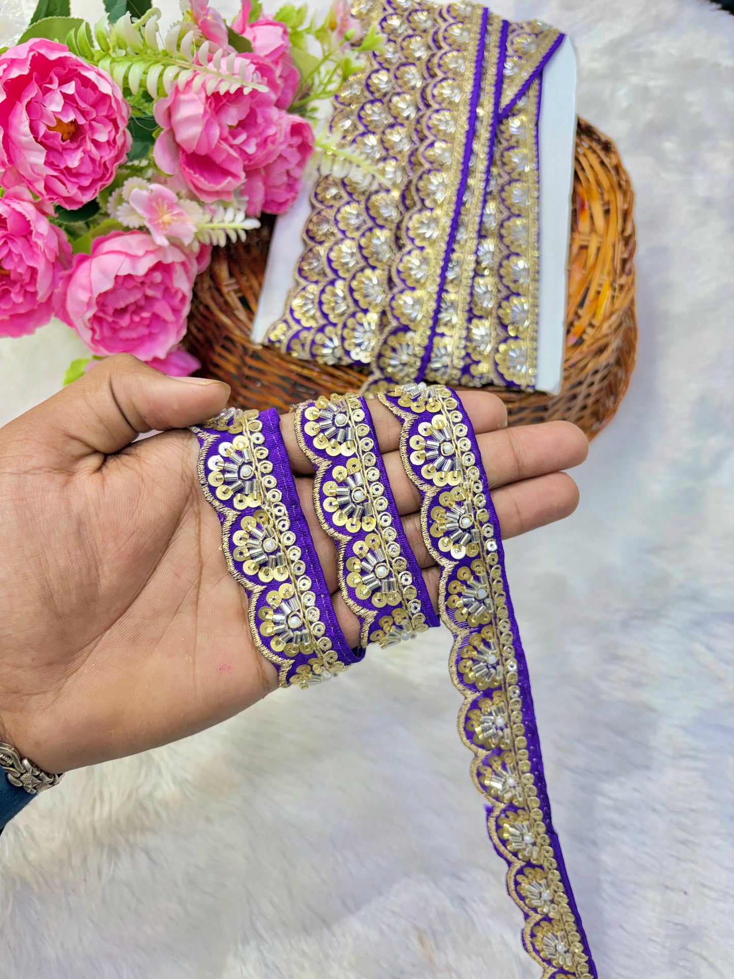 Premium Handmade Maggam Scallop Lace Border | Heavy Embroidered Designer Trim (Pack of 9 meter) cut work lace border purple