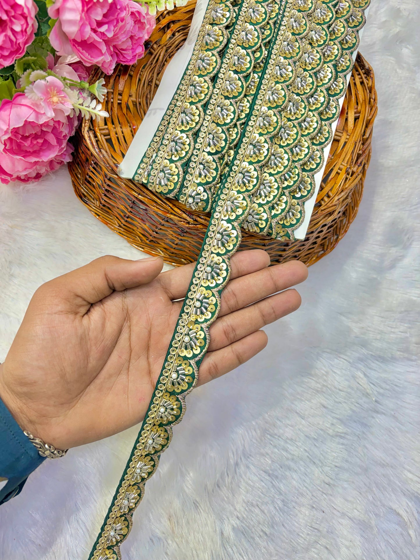 Premium Handmade Maggam Scallop Lace Border | Heavy Embroidered Designer Trim (Pack of 9 meter) cut work lace border green