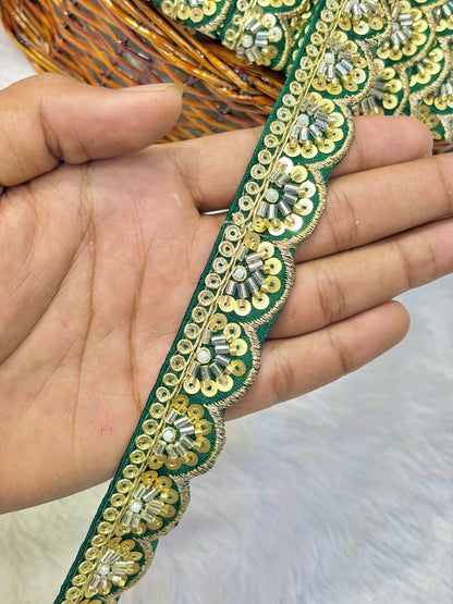 Premium Handmade Maggam Scallop Lace Border | Heavy Embroidered Designer Trim (Pack of 9 meter) cut work lace border green