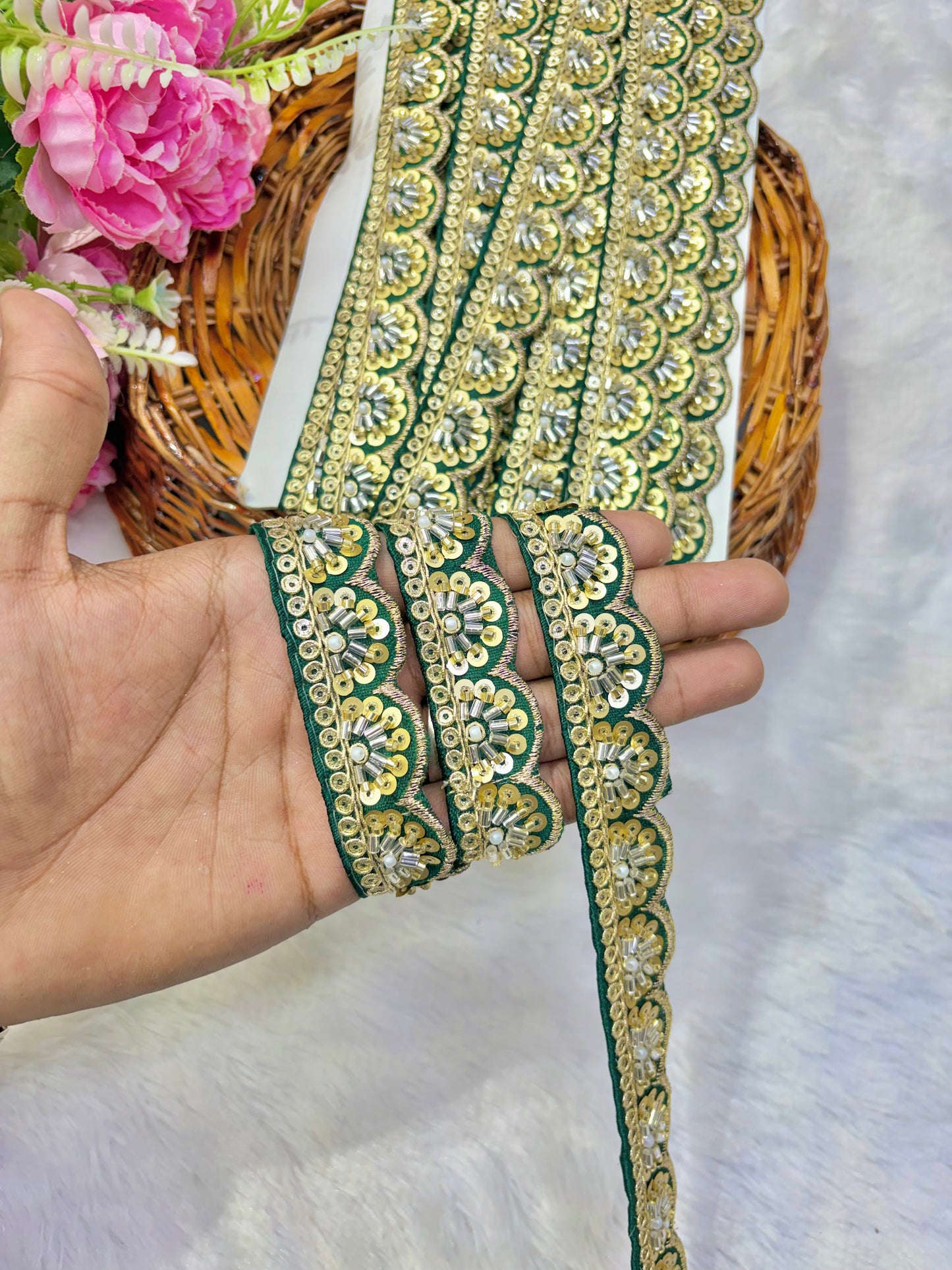 Premium Handmade Maggam Scallop Lace Border | Heavy Embroidered Designer Trim (Pack of 9 meter) cut work lace border green