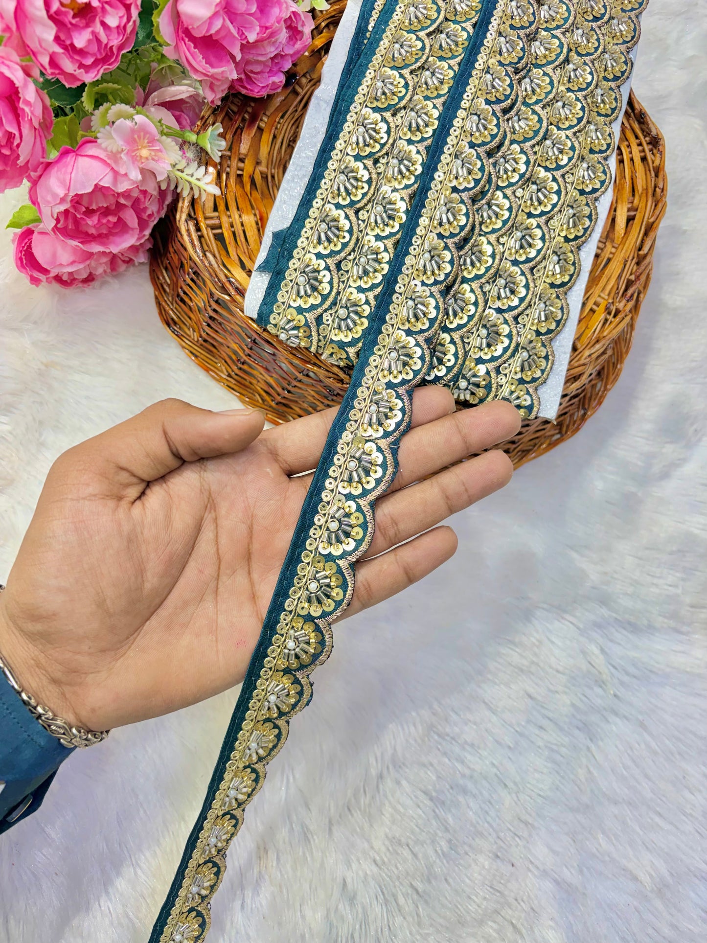 Premium Handmade Maggam Scallop Lace Border | Heavy Embroidered Designer Trim (Pack of 9 meter) cut work lace border teal blue