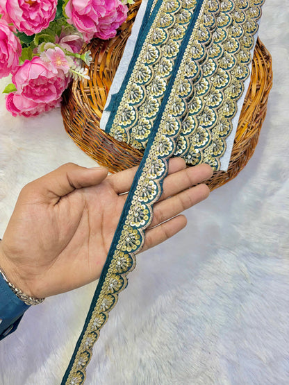 Premium Handmade Maggam Scallop Lace Border | Heavy Embroidered Designer Trim (Pack of 9 meter) cut work lace border teal blue