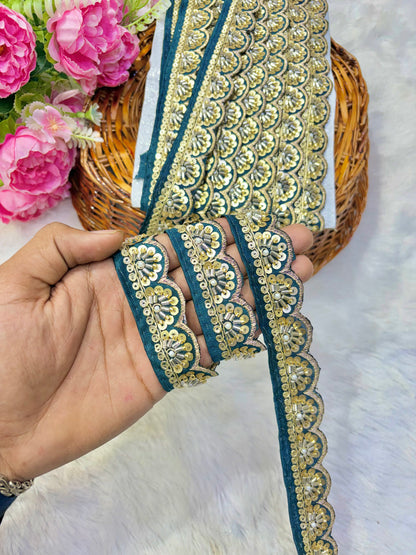 Premium Handmade Maggam Scallop Lace Border | Heavy Embroidered Designer Trim (Pack of 9 meter) cut work lace border teal blue