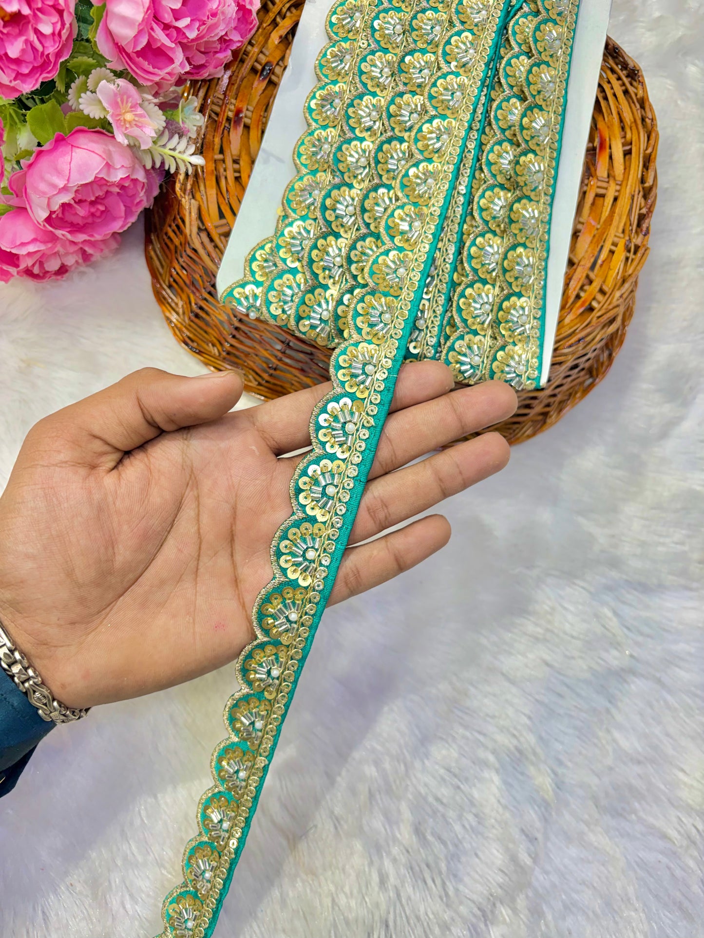 Premium Handmade Maggam Scallop Lace Border | Heavy Embroidered Designer Trim (Pack of 9 meter) cut work lace border