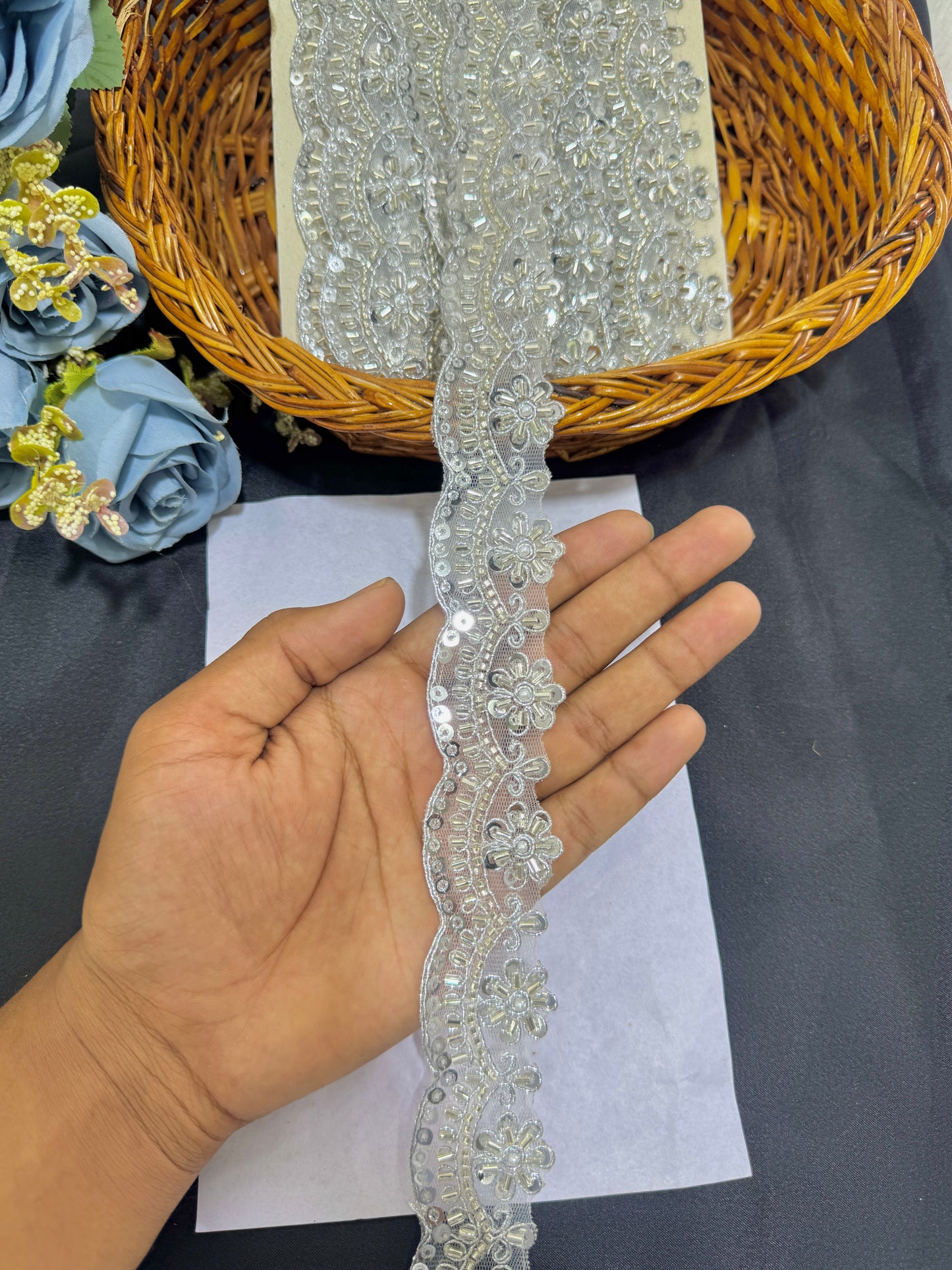 premium silver  Maggam Work Floral Lace with Sequins – 9 Meter Pack