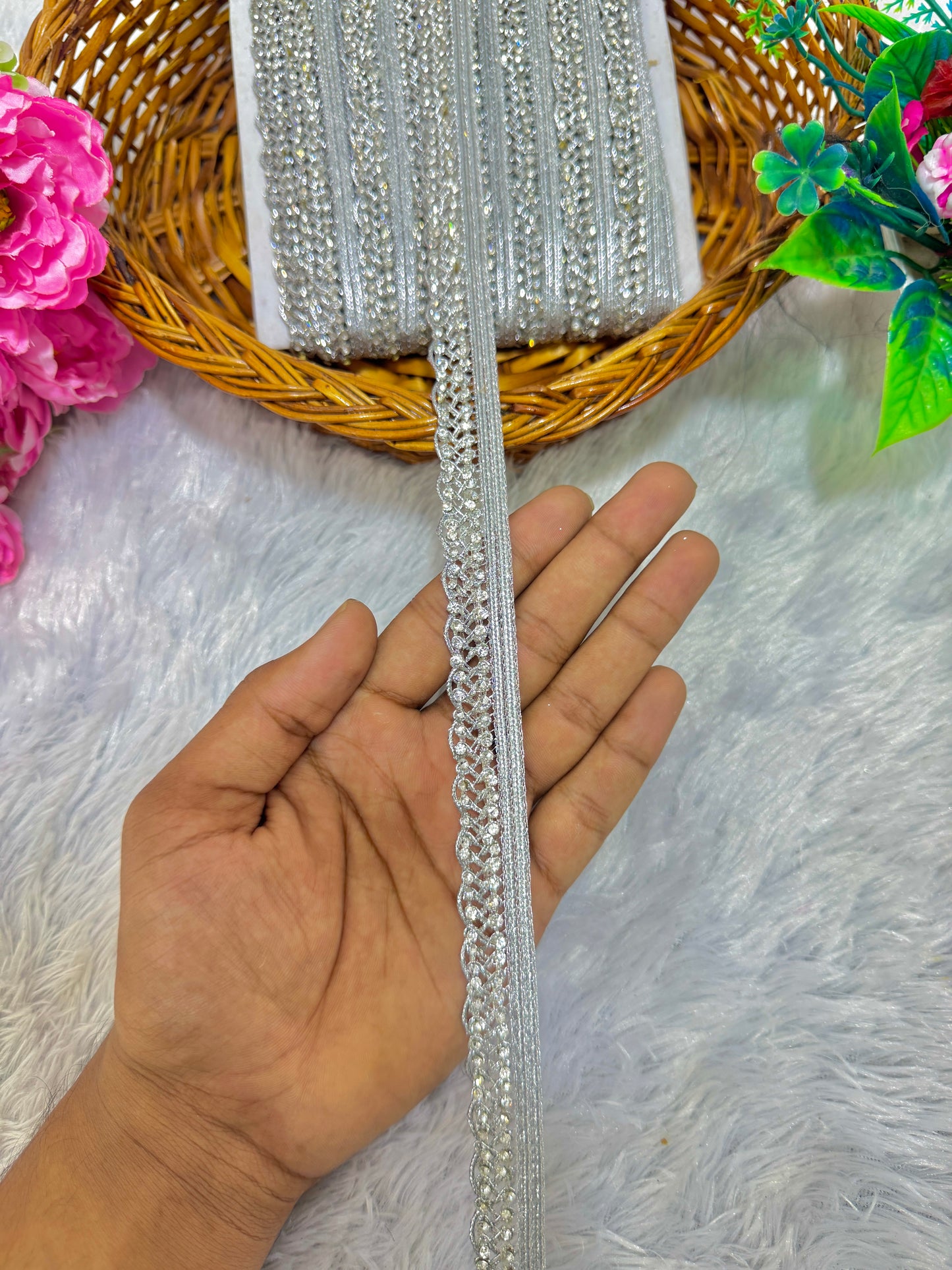 silver  Zari Diamond Pattern Lace 1inch lehanga duppata Sare – 9 Meter Pack