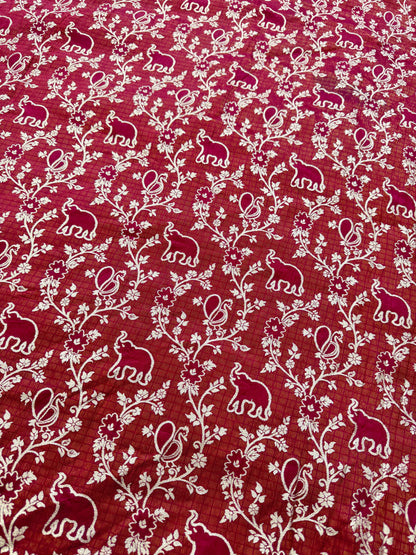 Premium maroon  Silk Brocade Banarasi Fabric with Elephant & Floral Motifs 44INCH WIDTH