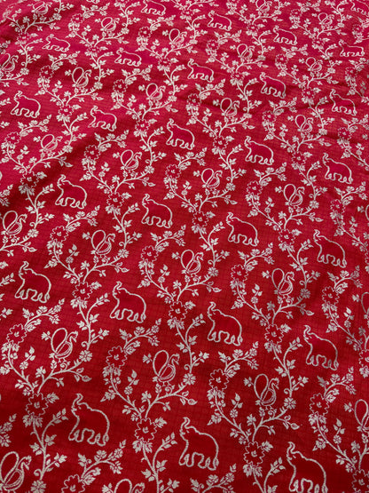 Premium Red Silk Brocade Banarasi Fabric with Elephant & Floral Motifs 44INCH WIDTH