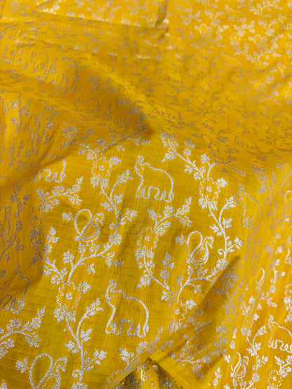 Premium yellow Silk Brocade Banarasi Fabric with Elephant & Floral Motifs 44INCH WIDTH
