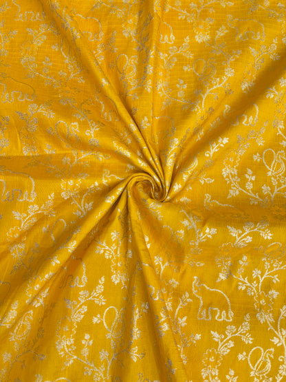 Premium yellow Silk Brocade Banarasi Fabric with Elephant & Floral Motifs 44INCH WIDTH