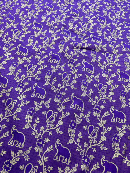 Premium royal purple Silk Brocade Banarasi Fabric with Elephant & Floral Motifs 44INCH WIDTH