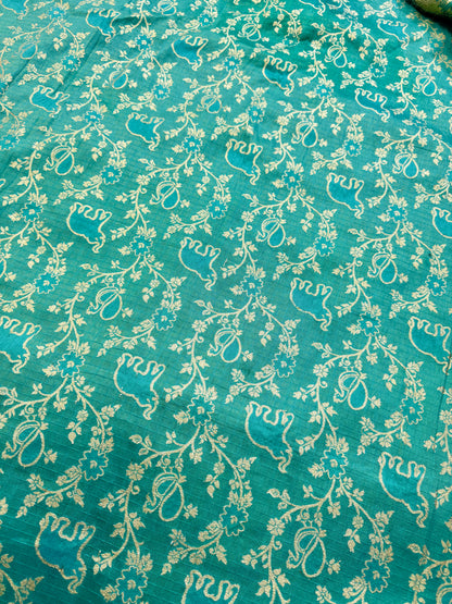 Premium Silk Brocade Banarasi Fabric with Elephant & Floral Motifs  teal colour 44INCH WIDTH