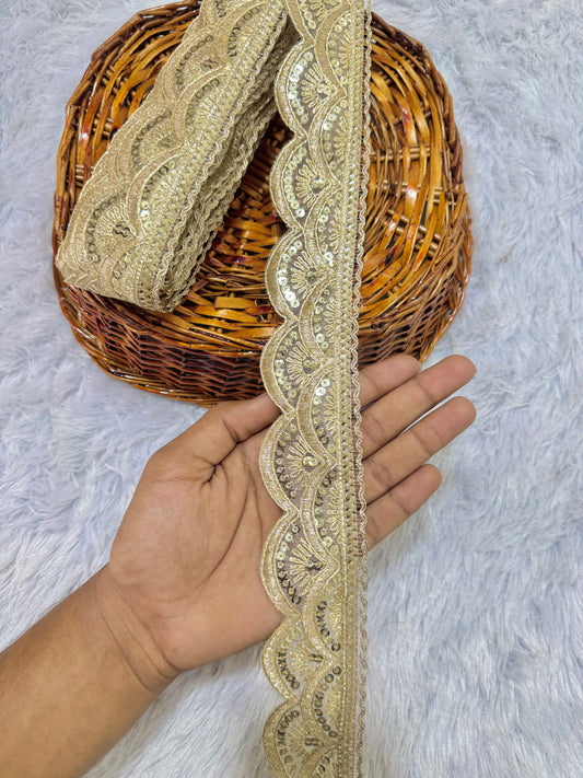 ✨ Golden Zari Embroidered cut work Sequin Lace – 9 Meter Roll ✨