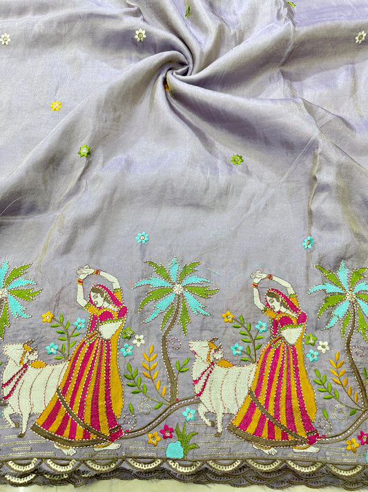 Viscose Tissue Embroidered Fabric – Dancing Lady & Cow Motif (44” Width) GREY