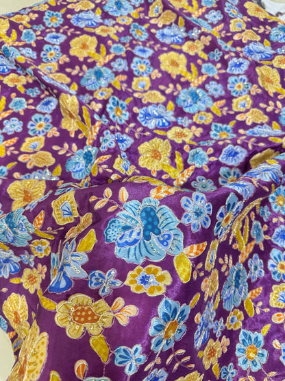💐MULTI FLOWER POSTION PRINT ZARI SEQUINS WORK  LUXURY BASE CHINON FABRIC purple  44inch width
