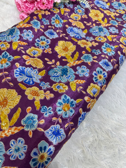 💐MULTI FLOWER POSTION PRINT ZARI SEQUINS WORK  LUXURY BASE CHINON FABRIC purple  44inch width
