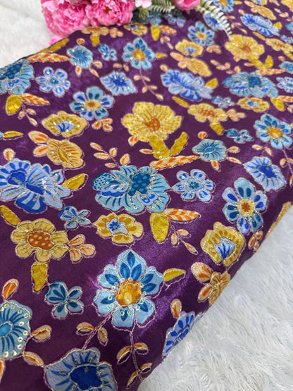 💐MULTI FLOWER POSTION PRINT ZARI SEQUINS WORK  LUXURY BASE CHINON FABRIC purple  44inch width