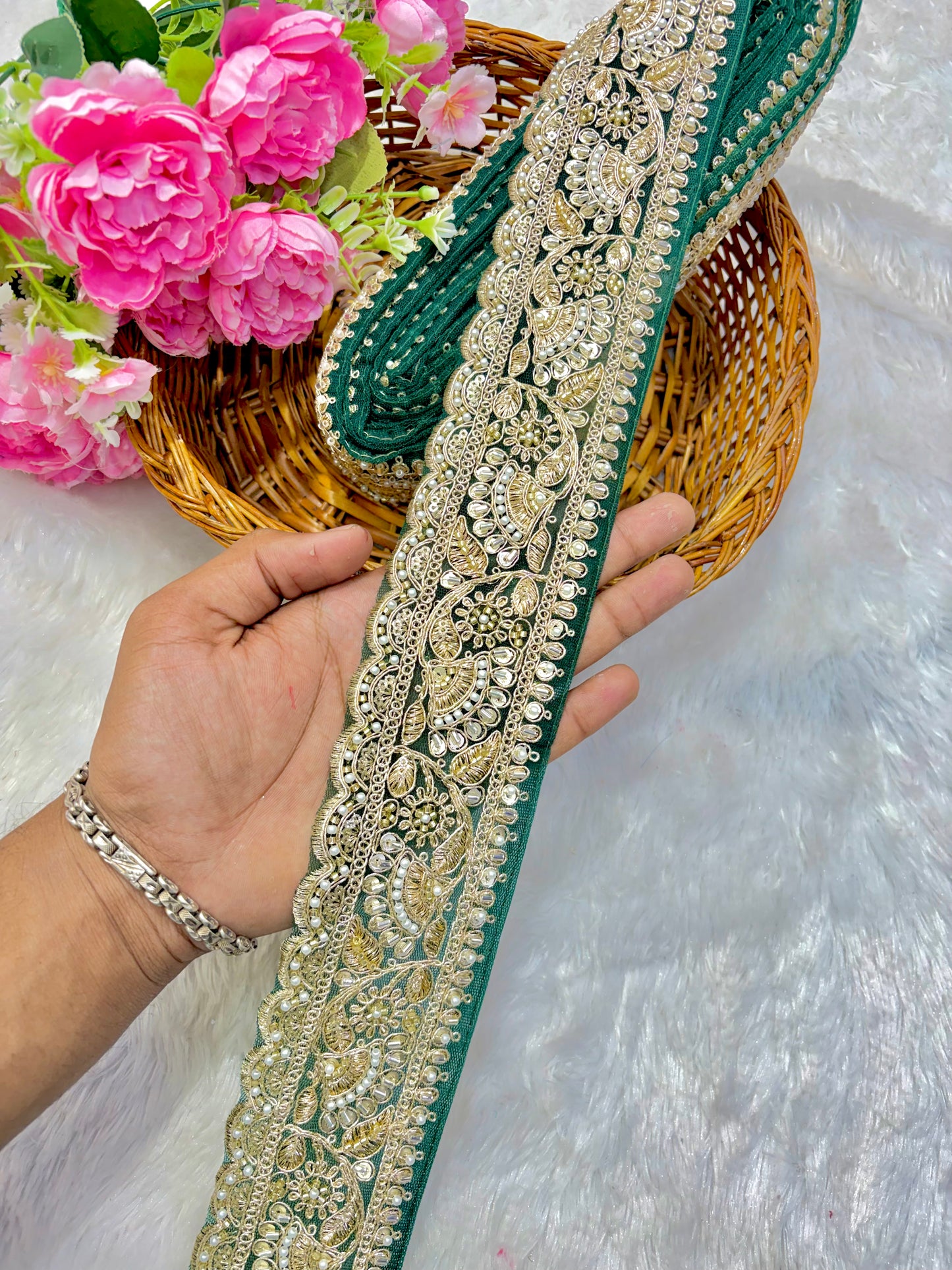 Premium Designer Bridal Zari & hand Work Saree Lace lace border 3inch ( pack of 9 meter ) bottle green lace