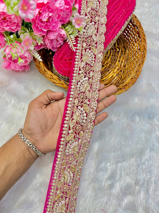 Premium Designer Bridal Zari & hand Work Saree Lace lace border 3inch ( pack of 9 meter ) rani pink