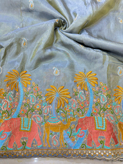 😍Pure viscouse tissu embroidery border 💕with elephant 🐘desing lehanga,Sari,blouse , dress  45-inch width