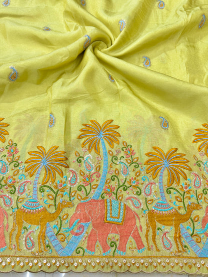 😍Pure viscouse tissu embroidery border 💕with elephant 🐘desing lehanga,Sari,blouse , dress  45-inch width