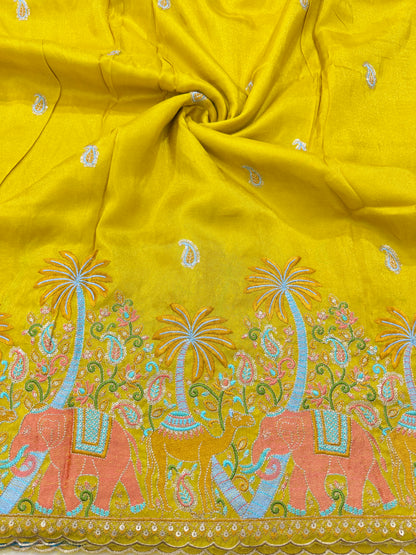 😍Pure viscouse tissu embroidery border 💕with elephant 🐘desing lehanga,Sari,blouse , dress  45-inch width