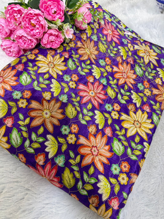 Pure chinon fabrics with multi flower desing 💐 44inch width lehanga ,blouse,frock,dress dark purple