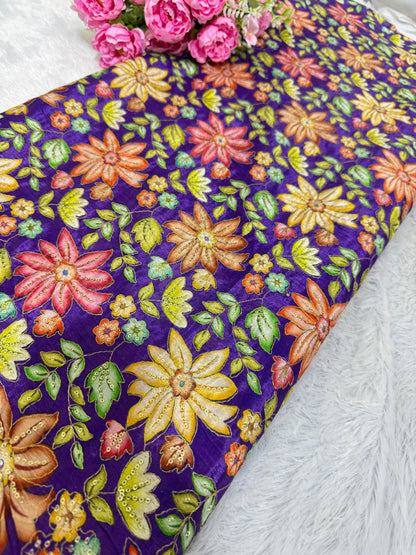 Pure chinon fabrics with multi flower desing  💐 44inch width lehanga ,blouse,frock,dress dark purple
