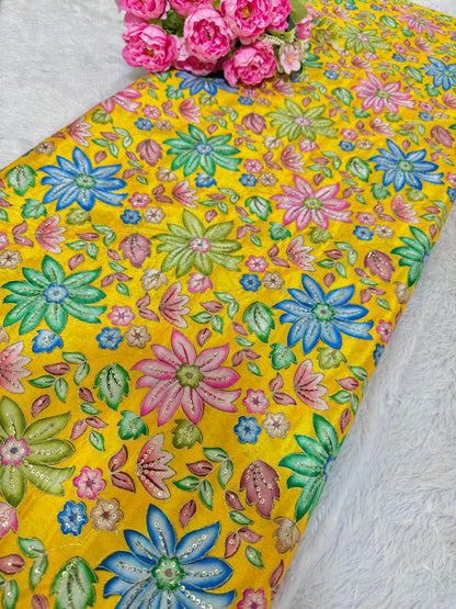 أقمشة شينون نقية مع زهور متعددة 💐  فستان بلوزة ليانغا بطول 44 بوصة.