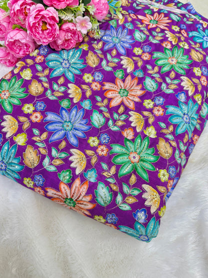 Pure chinon fabrics with multi flower  💐 44inch width lehanga , blouse , frock gown dress purple