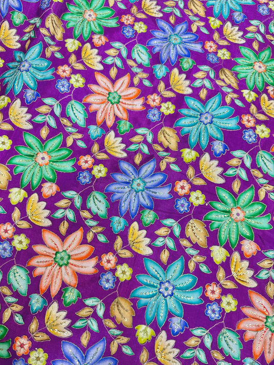 Pure chinon fabrics with multi flower 💐 44inch width lehanga , blouse , frock gown dress purple