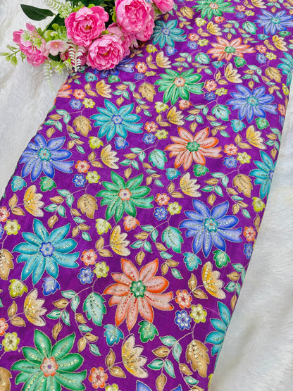 Pure chinon fabrics with multi flower  💐 44inch width lehanga , blouse , frock gown dress purple