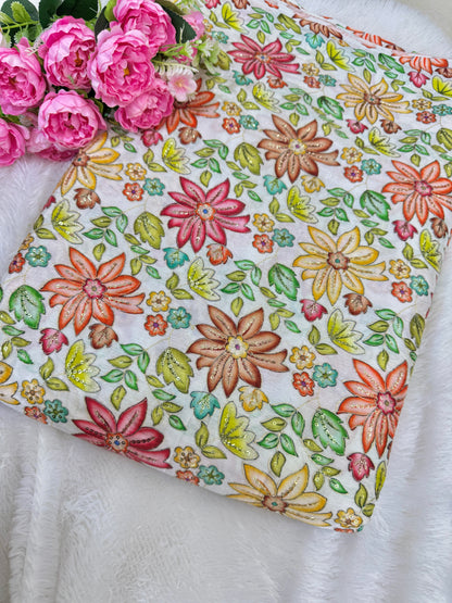 Pure chinon fabrics with multi flower  💐 44inch width lehanga ,blouse, frock, dress white