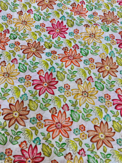 Pure chinon fabrics with multi flower  💐 44inch width lehanga ,blouse, frock, dress white