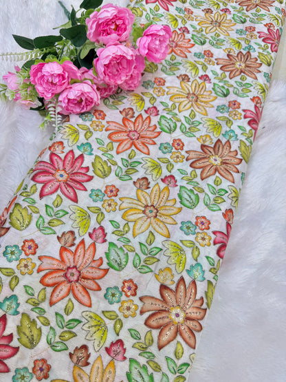Pure chinon fabrics with multi flower  💐 44inch width lehanga ,blouse, frock, dress white