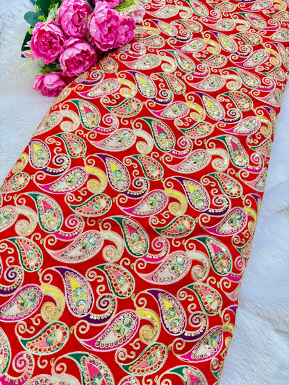 👗LUXURY NATURAL CRAPE  FLORAL PRINT  EMBROIDERY WITH SEQUINS 44 INCH  WIDTH RED