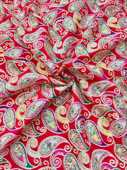 👗LUXURY NATURAL CRAPE  FLORAL PRINT  EMBROIDERY WITH SEQUINS 44 INCH  WIDTH RED