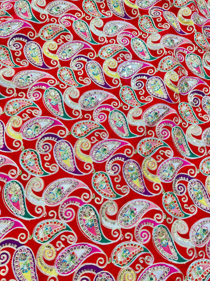 👗LUXURY NATURAL CRAPE  FLORAL PRINT  EMBROIDERY WITH SEQUINS 44 INCH  WIDTH RED