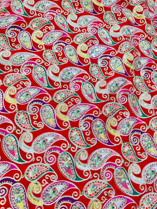 👗LUXURY NATURAL CRAPE  FLORAL PRINT  EMBROIDERY WITH SEQUINS 44 INCH  WIDTH RED