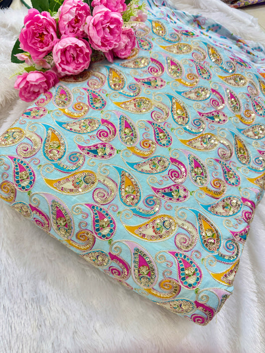 👗LUXURY NATURAL CRAPE  FLORAL PRINT  EMBROIDERY WITH SEQUINS 44 INCH  WIDTH