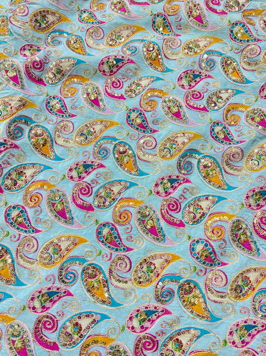 👗LUXURY NATURAL CRAPE  FLORAL PRINT  EMBROIDERY WITH SEQUINS 44 INCH  WIDTH