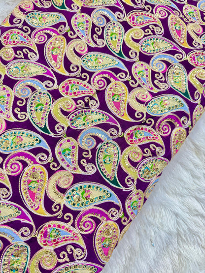 👗LUXURY NATURAL CRAPE  FLORAL PRINT  EMBROIDERY WITH SEQUINS 44 INCH  WIDTH PURPLE