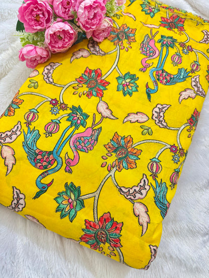 Pure chenon kalamkari animals design🦩 with position print width 44 blouse , lehanga, frock , 👗 👚 YELLOW